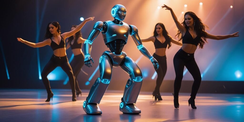 Robot en el escenario bailando junto a artistas humanos.