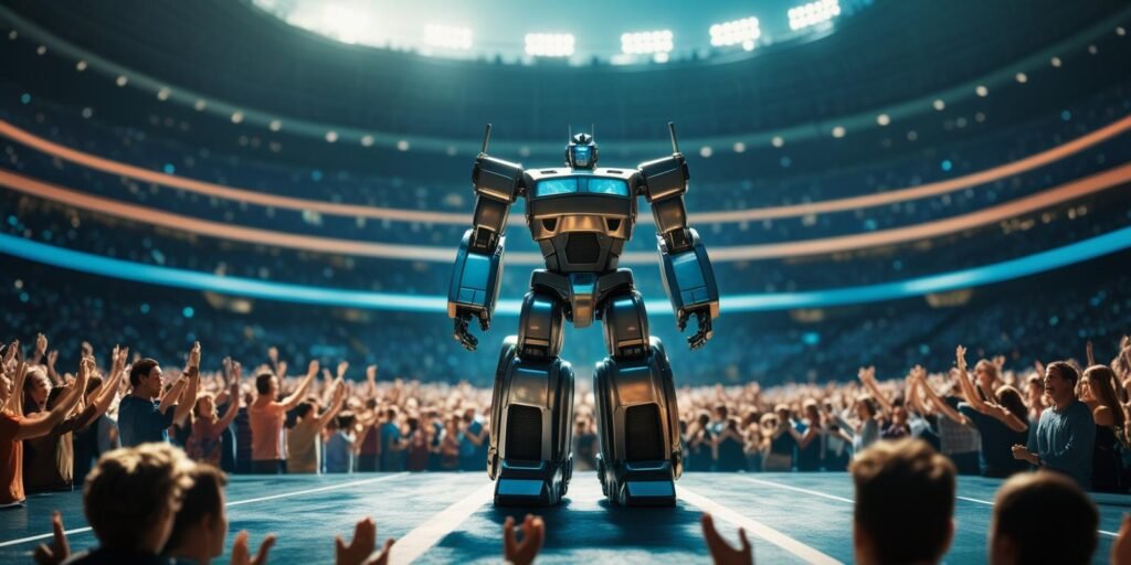 Vista del estadio con robots y público aplaudiendo