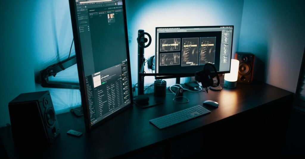 pexels-photo-1714208-1714208 A contemporary office desk featuring a dual monitor setup with stylish lighting, ideal for tech enthusiasts.