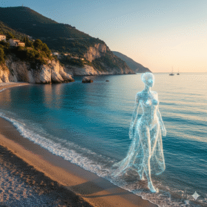A woman created by artificial intelligence walking along a beach in Albania