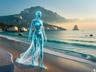 Albania's beaches, with a female artificial intelligence figure walking along its beaches