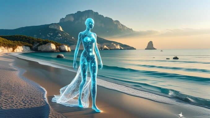 Albania's beaches, with a female artificial intelligence figure walking along its beaches