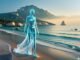 Albania's beaches, with a female artificial intelligence figure walking along its beaches