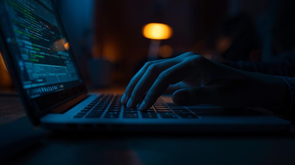 A cinematic photo depicting a hand interacting with a laptop, with subtle visual cues suggesting power saving, framed in a dynamic composition with shallow depth of field and rich color grading, illuminated by cinematic lighting for a filmic tone.