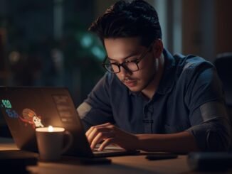 A cinematic photo showcasing a person efficiently extending their laptop's battery life using a clever technique, captured with cinematic lighting, shallow depth of field, a filmic tone, dynamic composition, and rich color grading.