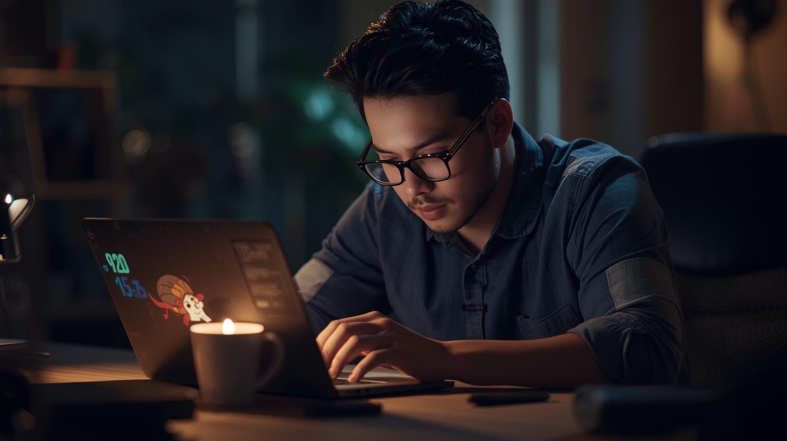 A cinematic photo showcasing a person efficiently extending their laptop's battery life using a clever technique, captured with cinematic lighting, shallow depth of field, a filmic tone, dynamic composition, and rich color grading.