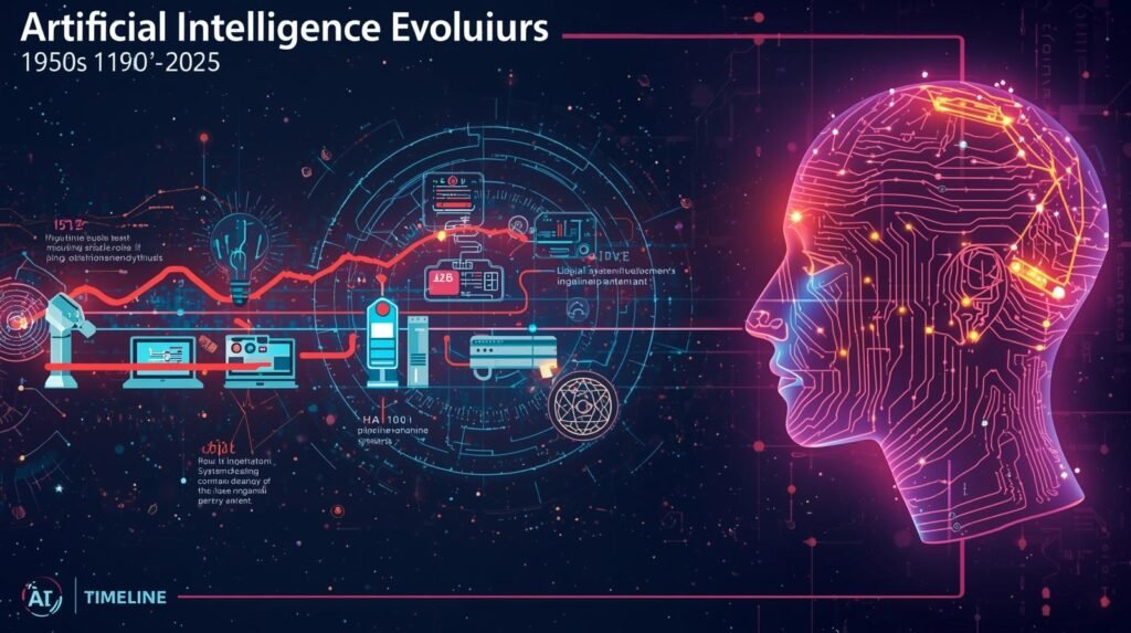 A visually appealing, historical timeline of artificial intelligence evolution from the 1950s to 2025, depicted entirely through imagery without any text. The visual narrative should showcase key milestones, from early mechanical computers and logical reasoning systems of the 1950s, progressing through the development of expert systems, neural networks, machine learning algorithms, and finally culminating in advanced AI concepts and applications as of 2025, rendered in a vibrant, dynamic artistic style with a focus on clean lines and glowing technological elements.