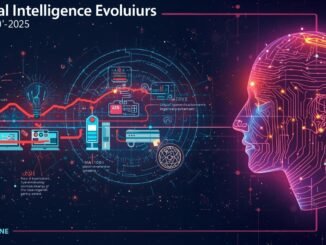 A visually appealing, historical timeline of artificial intelligence evolution from the 1950s to 2025, depicted entirely through imagery without any text. The visual narrative should showcase key milestones, from early mechanical computers and logical reasoning systems of the 1950s, progressing through the development of expert systems, neural networks, machine learning algorithms, and finally culminating in advanced AI concepts and applications as of 2025, rendered in a vibrant, dynamic artistic style with a focus on clean lines and glowing technological elements.