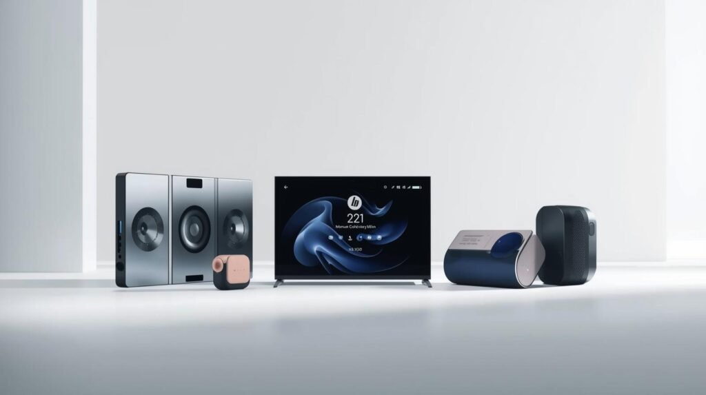 A sleek, minimalist studio shot showcasing the top 5 cutting-edge technology gadgets released in September 2025. The scene features a clean white background with subtle studio lighting, highlighting the innovative designs and metallic finishes of each device. A shallow depth of field blurs the background, drawing all attention to the featured tech.