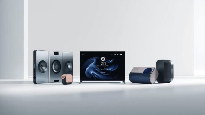 A sleek, minimalist studio shot showcasing the top 5 cutting-edge technology gadgets released in September 2025. The scene features a clean white background with subtle studio lighting, highlighting the innovative designs and metallic finishes of each device. A shallow depth of field blurs the background, drawing all attention to the featured tech.