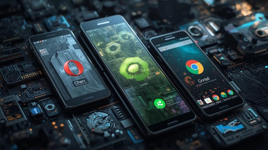 A surreal and creative cinematic depiction of a composite image showcasing three distinct Android browsers – Opera Mini, Kiwi Browser, and Via Browser – each displayed prominently on the screens of three sleek, futuristic cell phones. The cell phone in the center retains the same image but appears in the normal size of a typical cell phone, contrasting with the futuristic design of the others. The overall aesthetic is one of advanced technology and imaginative detail, with a dynamic composition and creative photography style. Photorealistic elements are integrated to give a tangible, high-tech feel, emphasizing the digital interfaces and the advanced hardware.