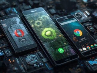 A surreal and creative cinematic depiction of a composite image showcasing three distinct Android browsers – Opera Mini, Kiwi Browser, and Via Browser – each displayed prominently on the screens of three sleek, futuristic cell phones. The cell phone in the center retains the same image but appears in the normal size of a typical cell phone, contrasting with the futuristic design of the others. The overall aesthetic is one of advanced technology and imaginative detail, with a dynamic composition and creative photography style. Photorealistic elements are integrated to give a tangible, high-tech feel, emphasizing the digital interfaces and the advanced hardware.