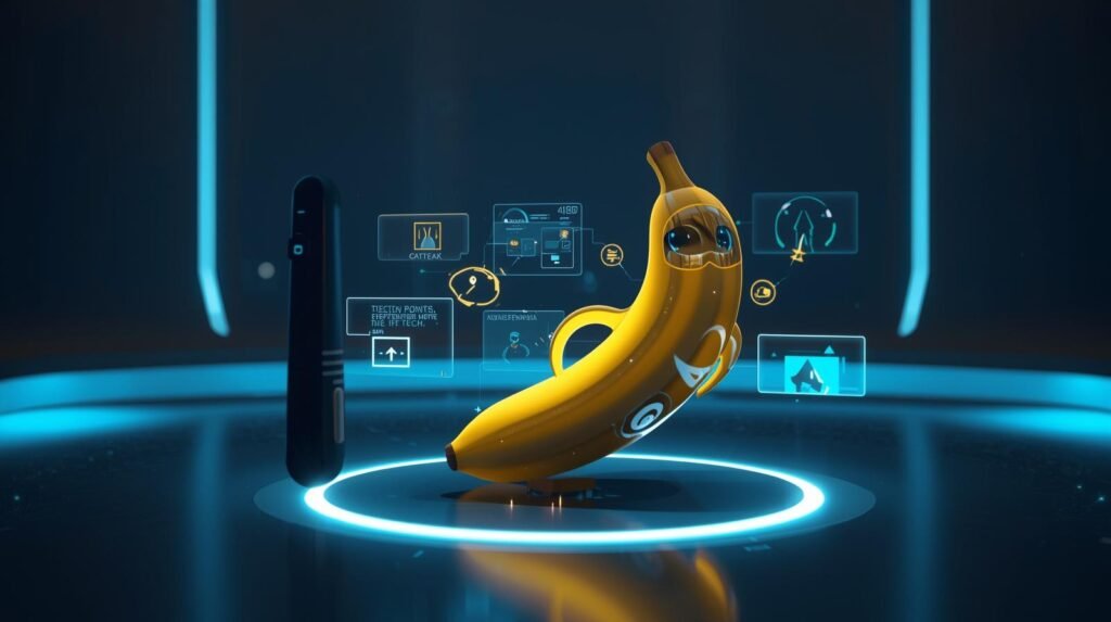 NanoBanana_ The AI __that revolutionizes smart devices Una banana animada con un traje futurista de alta tecnología flotando en una habitación de color azul oscuro con hologramas de tecnología a su alrededor.
