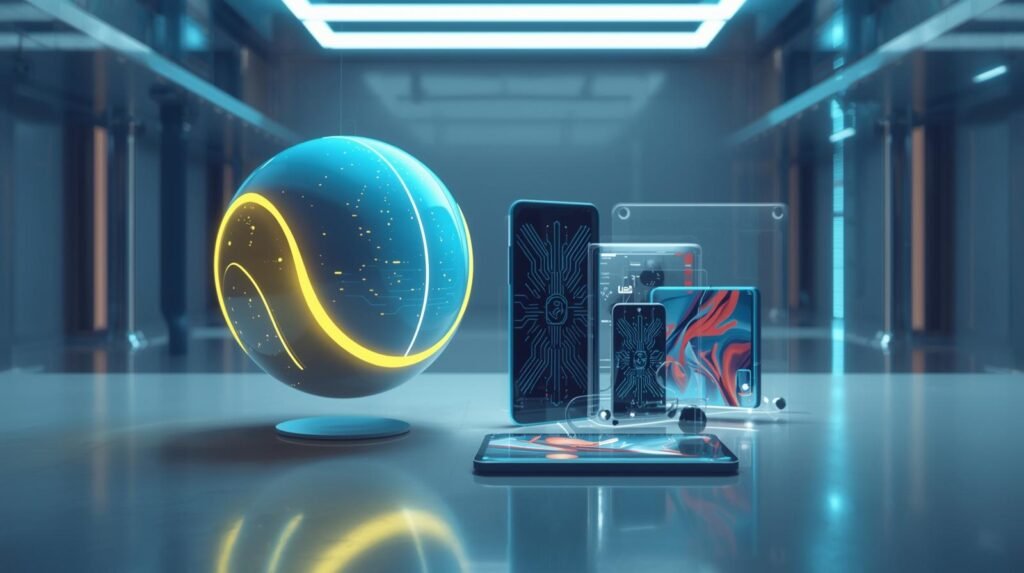 A futuristic AI assistant named NanoBanana, depicted as a sleek, glowing blue and yellow orb with subtle circuitry patterns, hovering beside a collection of cutting-edge smart devices, including a holographic smartphone and a transparent tablet, set against a backdrop of a minimalist, brightly lit tech laboratory. The style is high-tech digital art with a focus on clean lines and vibrant, illuminating effects.