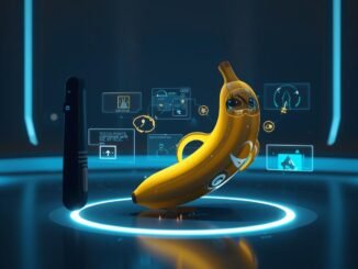 Una banana animada con un traje futurista de alta tecnología flotando en una habitación de color azul oscuro con hologramas de tecnología a su alrededor.