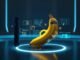 Una banana animada con un traje futurista de alta tecnología flotando en una habitación de color azul oscuro con hologramas de tecnología a su alrededor.