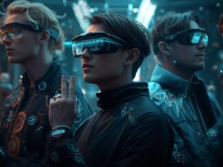 tres personas hombres con gafas inteligentes futuristas y wearables