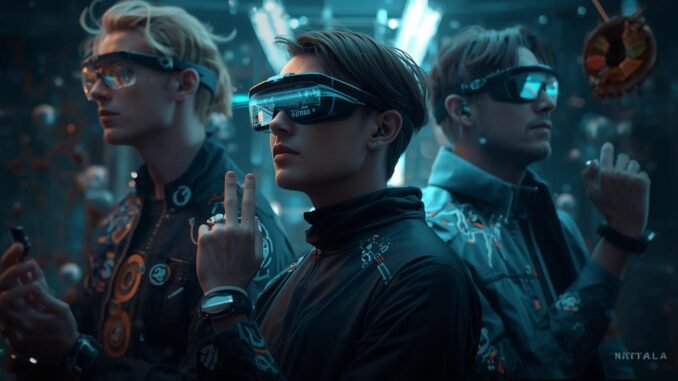 tres personas hombres con gafas inteligentes futuristas y wearables