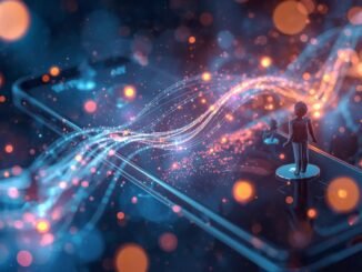 A surreal and creative cinematic depiction of the top 10 apps for digital health and fitness monitoring, visualized with imaginative, glowing data streams flowing between abstract representations of smartphones and stylized human figures engaged in gentle, mindful activities. The composition is dynamic, with a sense of depth and movement, rendered in a photorealistic style with a vibrant, harmonious color palette, emphasizing clarity and well-being.