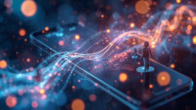 A surreal and creative cinematic depiction of the top 10 apps for digital health and fitness monitoring, visualized with imaginative, glowing data streams flowing between abstract representations of smartphones and stylized human figures engaged in gentle, mindful activities. The composition is dynamic, with a sense of depth and movement, rendered in a photorealistic style with a vibrant, harmonious color palette, emphasizing clarity and well-being.