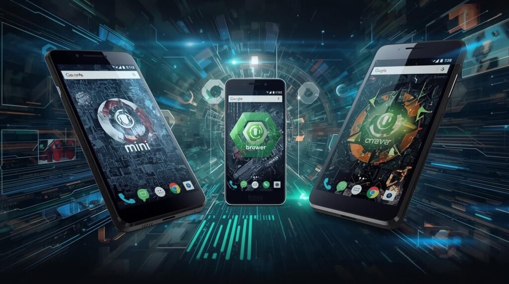 A surreal and creative cinematic depiction of a composite image showcasing three distinct Android browsers – Opera Mini, Kiwi Browser, and Via Browser – each displayed prominently on the screens of three sleek, futuristic cell phones. The cell phone in the center retains the same image but appears in the normal size of a typical cell phone, contrasting with the futuristic design of the others. The overall aesthetic is one of advanced technology and imaginative detail, with a dynamic composition and creative photography style. Photorealistic elements are integrated to give a tangible, high-tech feel, emphasizing the digital interfaces and the advanced hardware.
