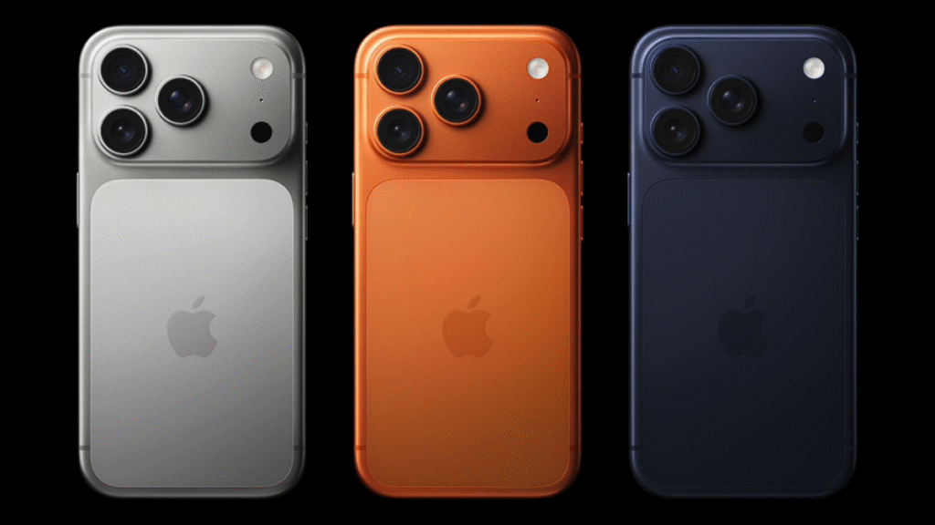 Screenshot of an Apple iPhone 17 smartphone website in silver, orange, and dark blue.