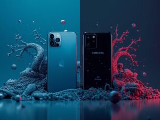 A surreal and creative cinematic depiction, presented as a dynamic, high-contrast shot, showcases a comparative mockup of two phones placed side by side: an iPhone 17 positioned on the left and a Samsung S25 Ultra on the right. The scene is rendered with photorealistic elements and imaginative, abstract details that enhance the overall creative photography aesthetic.