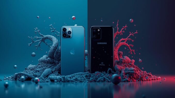 A surreal and creative cinematic depiction, presented as a dynamic, high-contrast shot, showcases a comparative mockup of two phones placed side by side: an iPhone 17 positioned on the left and a Samsung S25 Ultra on the right. The scene is rendered with photorealistic elements and imaginative, abstract details that enhance the overall creative photography aesthetic.