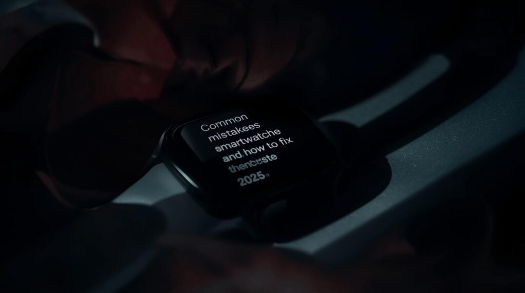 A moody and atmospheric, close-up photograph focusing on a modern smartwatch screen displaying a guide titled "Common mistakes when using smartwatches and how to fix them (Complete guide 2025)". The image features soft, diffused lighting casting deep shadows across the device and its immediate surroundings, creating a sense of depth and intrigue. The color palette is intentionally muted, with desaturated tones and subtle variations in shade, enhancing the overall contemplative and informative mood.