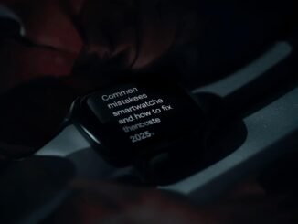 A moody and atmospheric, close-up photograph focusing on a modern smartwatch screen displaying a guide titled "Common mistakes when using smartwatches and how to fix them (Complete guide 2025)". The image features soft, diffused lighting casting deep shadows across the device and its immediate surroundings, creating a sense of depth and intrigue. The color palette is intentionally muted, with desaturated tones and subtle variations in shade, enhancing the overall contemplative and informative mood.