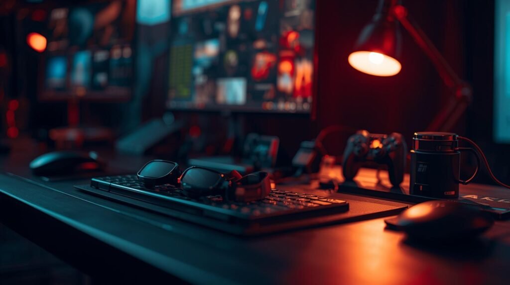 A cinematic photo of a modern desktop setup showcasing Windows 11 Widgets, featuring sleek and functional gadgets arranged aesthetically. The scene is illuminated with dramatic, cinematic lighting, creating strong contrasts and highlights. A shallow depth of field artfully blurs the background, drawing focus to the widgets and devices. The image possesses a filmic tone with rich, saturated color grading, emphasizing a dynamic composition and polished, professional look.
