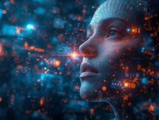 A surreal and highly imaginative cinematic scene depicting the essence of digital marketing powered by AI. The composition is dynamic, featuring photorealistic elements seamlessly integrated with abstract, creative visuals that symbolize data flow, algorithms, and human connection. Use a sophisticated color palette with glowing accents to highlight the advanced technological aspects and the innovative nature of AI in marketing. The framing should evoke a sense of wonder and forward-thinking, captured with the precision of creative photography.