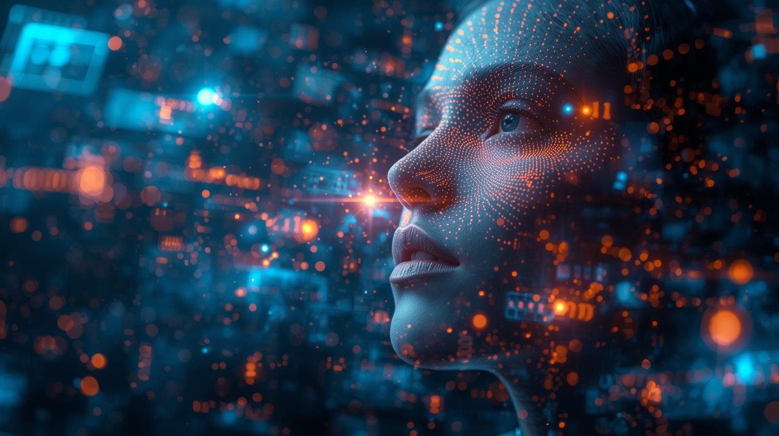 Home A surreal and highly imaginative cinematic scene depicting the essence of digital marketing powered by AI. The composition is dynamic, featuring photorealistic elements seamlessly integrated with abstract, creative visuals that symbolize data flow, algorithms, and human connection. Use a sophisticated color palette with glowing accents to highlight the advanced technological aspects and the innovative nature of AI in marketing. The framing should evoke a sense of wonder and forward-thinking, captured with the precision of creative photography.