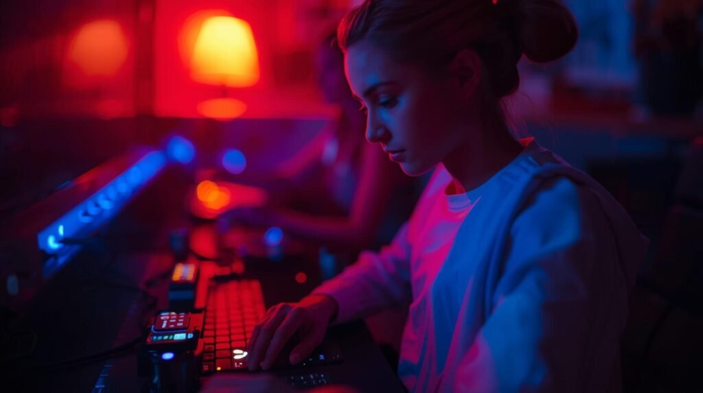 A cinematic photo capturing the essence of "The most useful free apps for students in 2025", bathed in dramatic cinematic lighting with a shallow depth of field, evoking a filmic tone. The composition is dynamic, emphasizing the rich color grading that highlights the vibrant digital landscape of student productivity and learning tools.