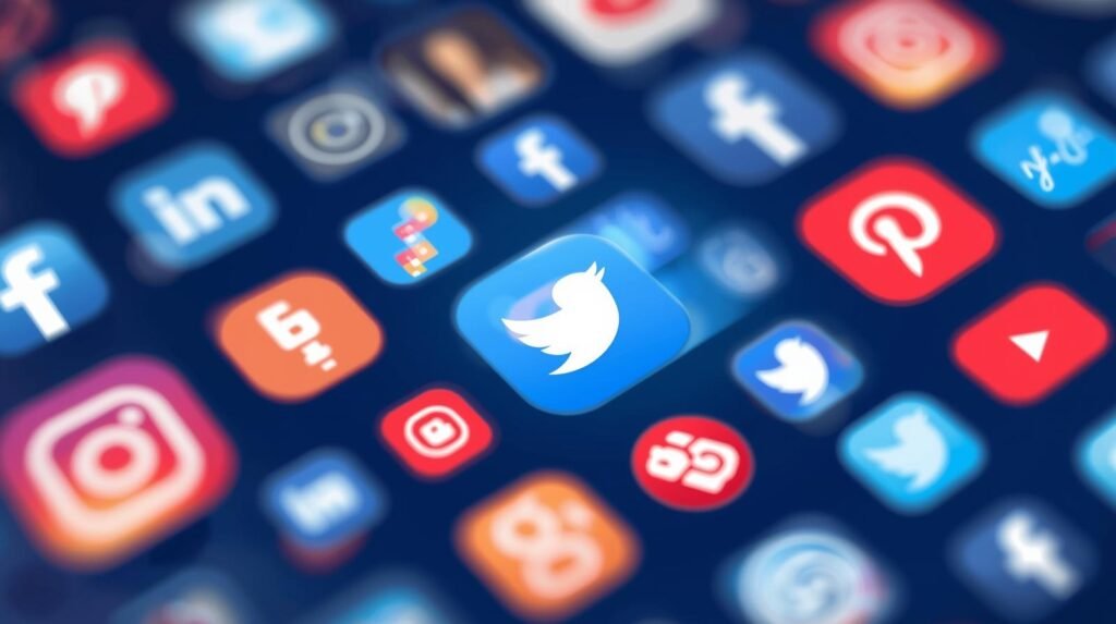 Logos of the different social networks, blue for Twitter with the bird, red for Instagram with the camera icon, blue for Facebook with the F icon, red for Pinterest with the P icon