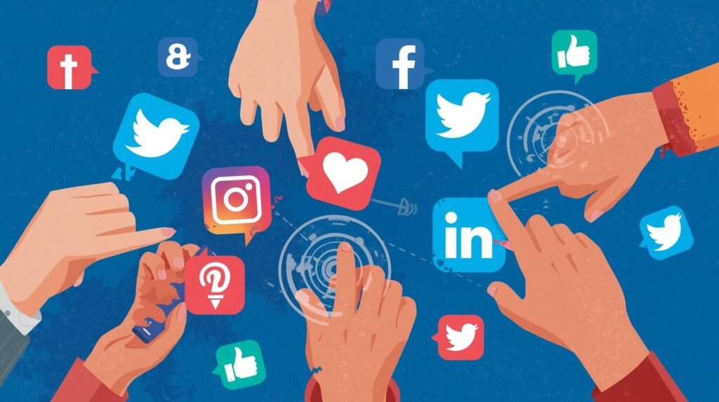 People's hands trying to touch the icons of different social networks, Instagram, Facebook, X, LinkedIn