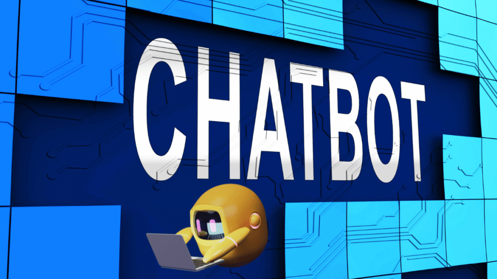 flyer whit the text chat bot and one yellow robot write in the note book