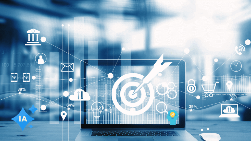 laptop whit arrow in the center of screen blue and grey color on the desk