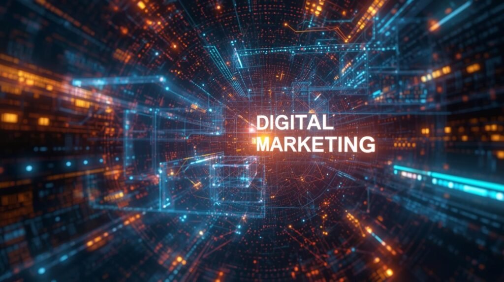 A surreal and creative cinematic depiction of Digital Marketing powered by AI, featuring a dynamic composition with swirling, abstract data streams and glowing neural network patterns. Imaginative details include holographic interfaces displaying growth charts and interconnected digital nodes, all rendered with photorealistic textures and a vibrant, futuristic color palette. The layout emphasizes creative photography with a sense of depth and movement, framed as if captured through a wide-angle lens. Prominently include the text "Digital Marketing" within the scene, seamlessly integrated into the design.