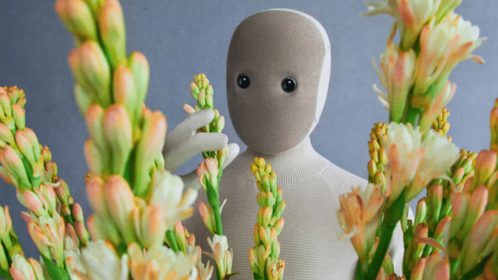 robota neo 1x en medio de unas plantas tipo trigo de colores verde y amarillo tocandolas con sus manos roboticas