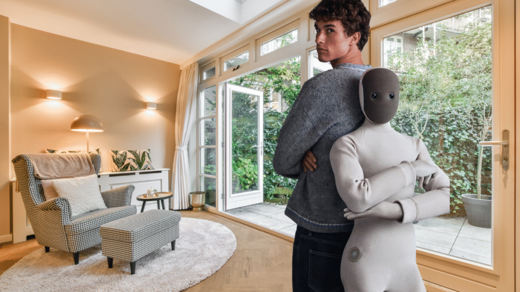 Robot Neo 1x en casa con un humano hombre, dandose la espalda a manera de modelos de revista