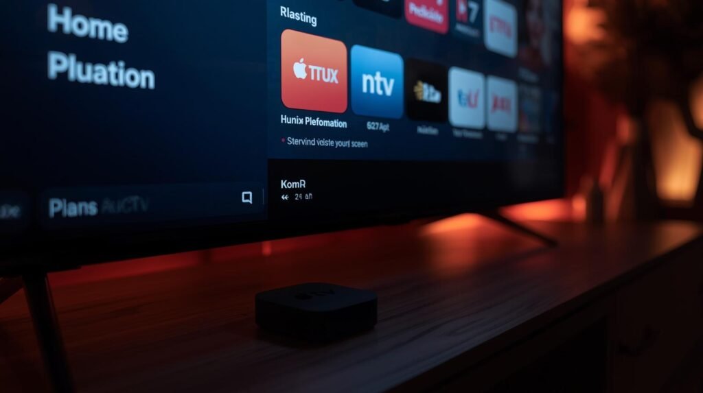 A clean entertainment center setup. Apple TV 4K or NVIDIA A cinematic photograph capturing a sleek entertainment center. A large, high-definition television screen displays a beautifully organized home screen interface, resembling the clean design of the Apple TV UI. Positioned discreetly below the TV is a compact streaming device, akin to an Apple TV 4K or NVIDIA Shield, presented in a tidy setup. The scene is illuminated with dramatic cinematic lighting, featuring a shallow depth of field that artfully blurs the background, creating a filmic tone. The composition is dynamic, enhanced by rich color grading, emphasizing the visual appeal of the technology and its display.