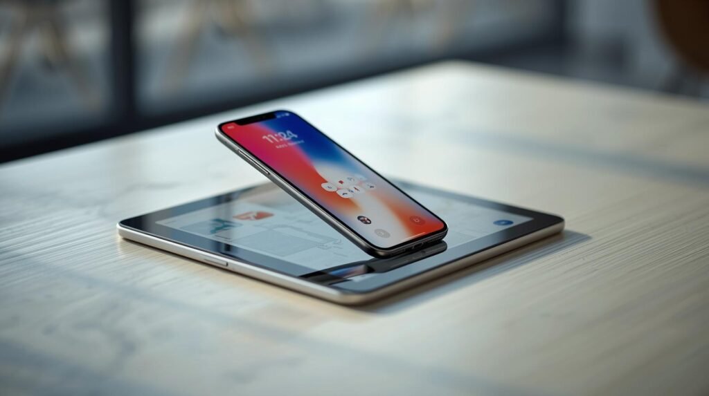 A cinematic, photorealistic, and minimalist photo with shallow depth of field and rich color grading. A modern smartphone with a vibrant screen displaying a map or productivity app is dynamically composed, tilted atop a slim tablet showing a clean interface or multimedia content. Both devices rest on a light wood or white marble surface, with a softly lit, slightly blurred background suggesting a modern workspace or coffee table. The natural lighting highlights the premium design of the devices, emphasizing bright colors on the screens.