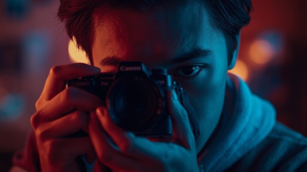 A cinematic photograph capturing a focused and creative individual holding a mirrorless camera, their gaze intent on their subject. The background is artfully blurred, enhancing the shallow depth of field. Employing cinematic lighting, the image possesses a rich, filmic tone and a dynamic composition with vibrant color grading.