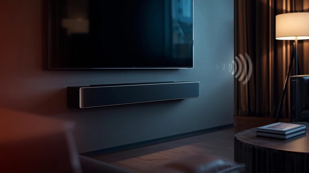 A sleek, minimalist Dolby Atmos soundbar A cinematic photo of a sleek, minimalist Dolby Atmos soundbar, resembling a Sonos Arc, positioned elegantly beneath a wall-mounted television in a sophisticated, uncluttered living room. The scene features cinematic lighting, a shallow depth of field, and a filmic tone, with rich color grading enhancing a dynamic composition. A subtle graphic in the corner subtly illustrates sound waves reflecting off the ceiling.