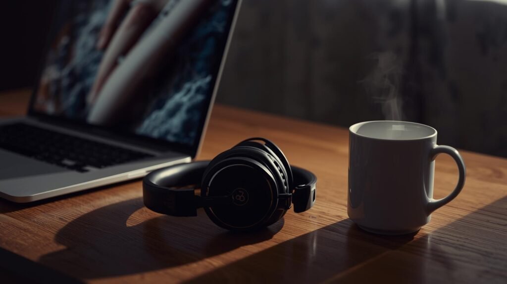 A sleek pair of over-ear noise-cancelling headphones, resting on a clean desk next to a laptop and a coffee mug. A cinematic photo capturing a sleek pair of over-ear, matte black noise-cancelling headphones resting on a polished oak desk. Adjacent to the headphones sits an open, modern silver laptop displaying a blurred, abstract background, and a minimalist white ceramic coffee mug, its steam gently rising. The scene is illuminated by dramatic, warm cinematic lighting that casts soft shadows, creating a shallow depth of field with a filmic tone. The composition is dynamic, drawing the viewer's eye across the arrangement, and the color grading emphasizes rich, deep tones,