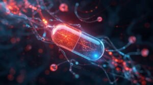 A visually appealing image representing a new pill that promises to extend life, showcasing a fusion between advanced medicine and cutting-edge technology. The scene depicts intricate scientific elements interwoven with futuristic medical motifs, suggesting innovation and longevity.