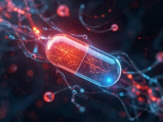 A visually appealing image representing a new pill that promises to extend life, showcasing a fusion between advanced medicine and cutting-edge technology. The scene depicts intricate scientific elements interwoven with futuristic medical motifs, suggesting innovation and longevity.