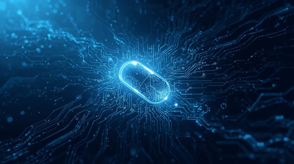 A startup presents_ A new pill promises to extend life, presenting an image of a fusion between medicine and technology. (1) A visually appealing, high-tech illustration depicting a pharmaceutical capsule seamlessly merging with intricate circuitry, symbolizing the fusion of medicine and technology. The capsule glows with a soft, ethereal light, set against a background of abstract scientific patterns and data streams, suggesting innovation and the promise of extended life.