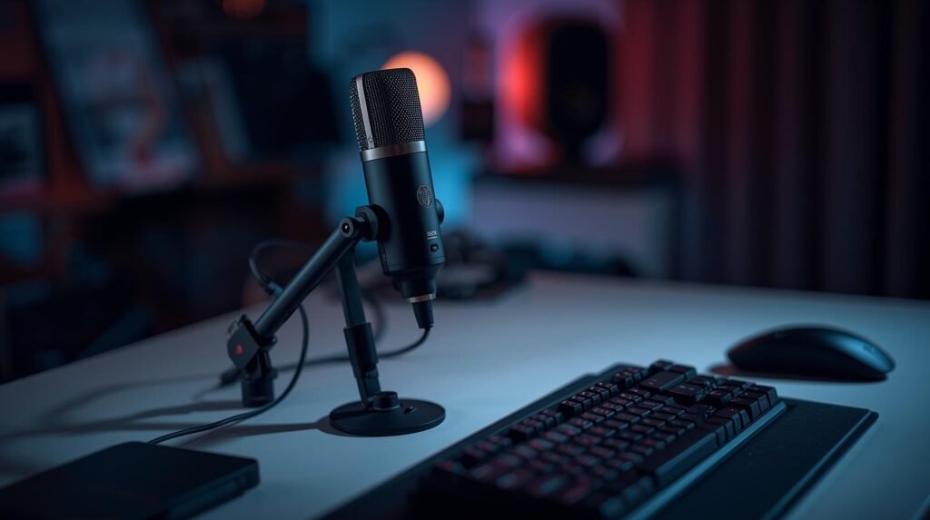 A stylish, modern hybrid microphone A cinematic photograph capturing a sleek, contemporary hybrid microphone, reminiscent of models like the Shure MV7+ or Rode NT-USB+, mounted on an adjustable desk arm. The microphone is artfully positioned adjacent to a modern keyboard on a clean, uncluttered desk, implying a sophisticated work-from-home or content creation environment. The scene is bathed in dramatic cinematic lighting, with a shallow depth of field that artfully blurs the background, drawing focus to the subject. The image possesses a rich color grading, contributing to its overall filmic tone and dynamic composition.